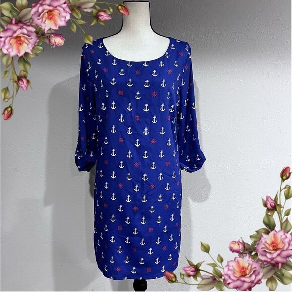 Scoop neck a-line anchor print long sleeve dress - Picture 1 of 10
